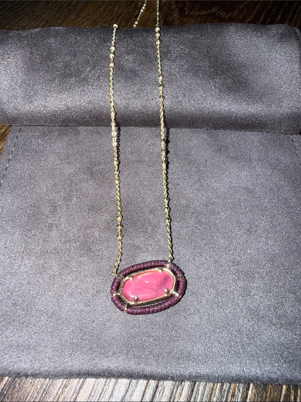 Kendra Scott Pink Stone Pendant Necklace with Burgundy Wrap- Threaded Elsa